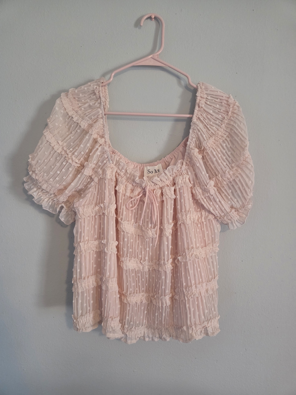 So Me Pale Pink Ruffle-Tiered Swiss Dot Peasant Blouse Off Shoulder